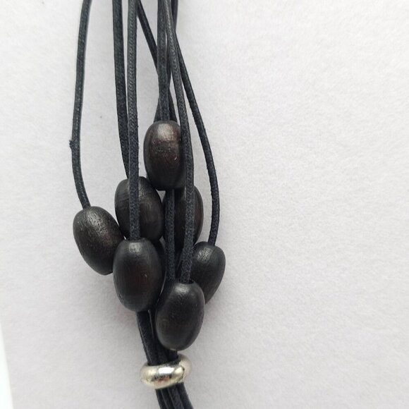 Black Wooden Bead Multi Strand Necklace With Silver Tone Accents - Picture 2 of 5